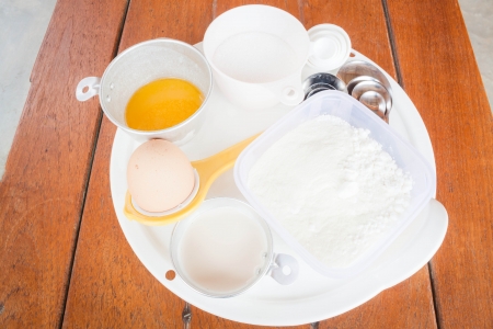 Set of baking ingredients with measure spoonの写真素材