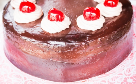 Fresh bake chocolate cake with cherry and whipped creamの写真素材