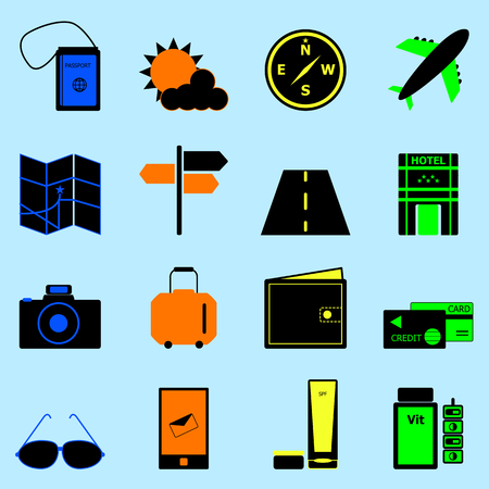Travel colorful icons set on light blue background, stock vectorのイラスト素材