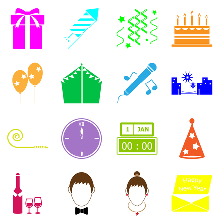 New year colorful icons on white background, stock vectorのイラスト素材