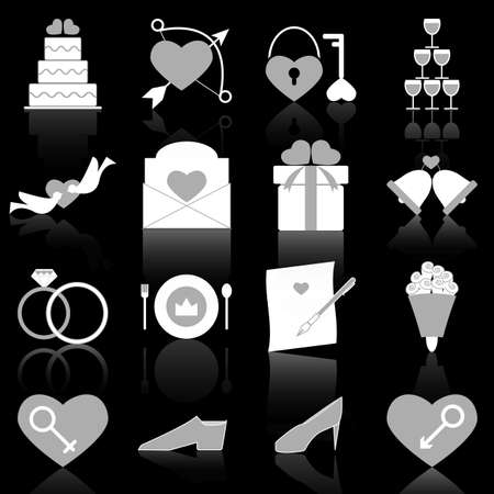 Wedding icons with reflect on black background, stock vectorのイラスト素材