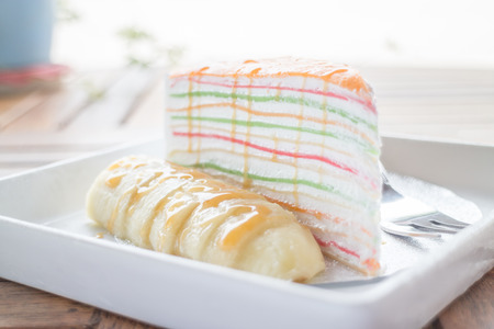 Sweet dessert of banana caramel crepe cakeの写真素材