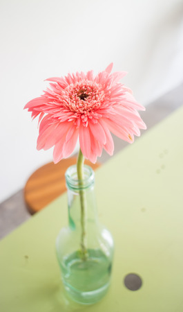 Beautiful gerbera flower in vase decorate table, stock photoの写真素材