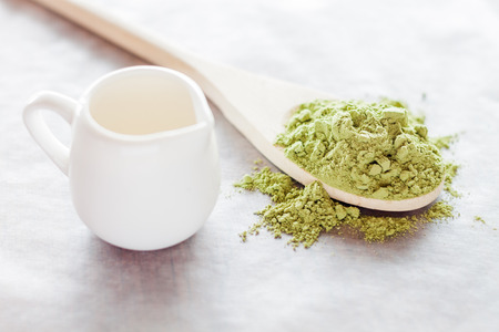 Powdered green tea ingredient and fresh milk, stock photoの写真素材