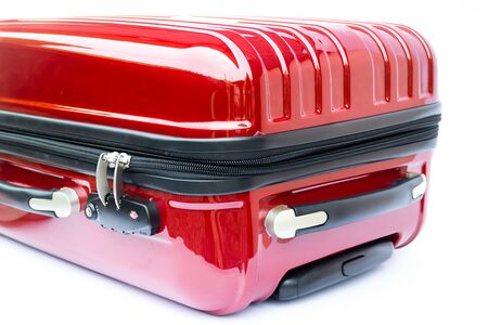 Locked and zip closed of red suitcase, stock photoの写真素材