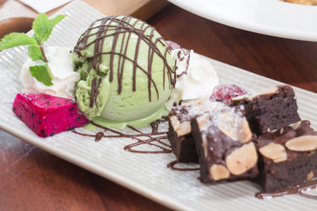 Dessert made of brownie and green tea ice cream, stock photoの写真素材