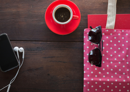 Espresso coffee on wooden table, stock photoの写真素材
