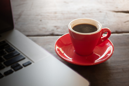 Hot espresso on working table, stock photoの写真素材