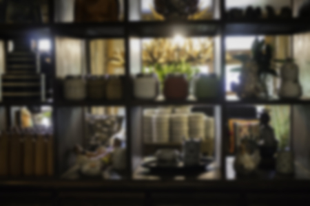 Wooden shelf of collection items, stock photoの写真素材