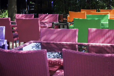 Colorful set of furniture in outdoor garden, stock photoの写真素材
