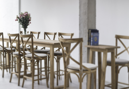 Wooden dining table in coffee shop, tock photoの写真素材