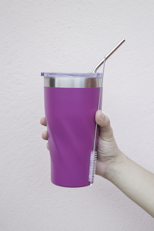 Stainless steel straw and mugs for reusable set, stock photoの写真素材
