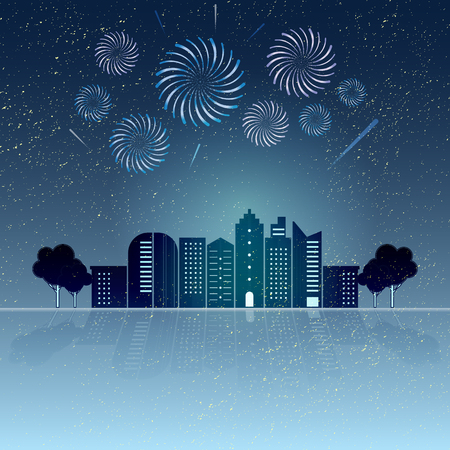 Created village with firework sky background, stock vectorのイラスト素材