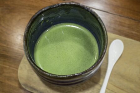 Bowl of hot matcha green tea drink, stock photoの写真素材