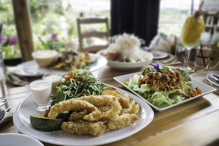 Fried fish and chips serving with vegetable, stock photo