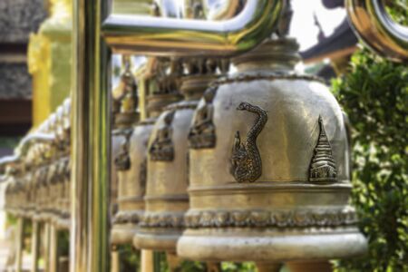 Hanged many bells in Thai public temple, stock photo
