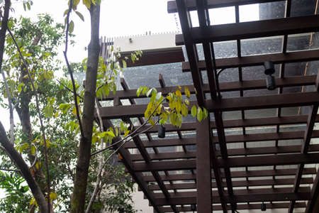 Slat roof corner in home garden, stock photo