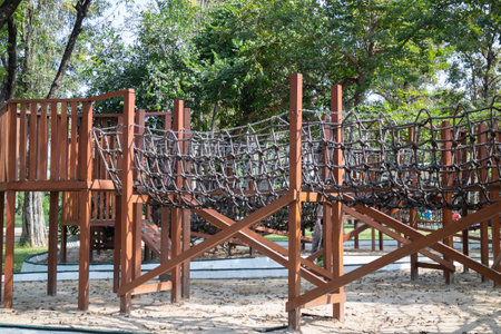 Outdoor playground with green grass ground, stock photoの写真素材