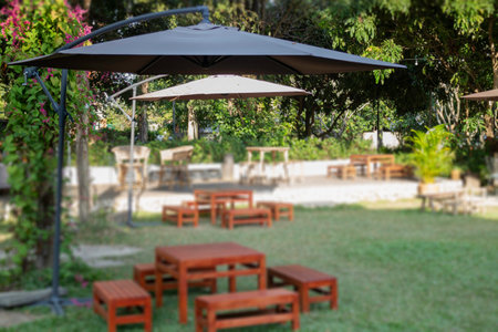 Outdoor seats in green garden, stock photoの写真素材