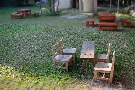 Outdoor seats in green garden, stock photoの写真素材