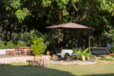 Outdoor seats in green garden, stock photoの写真素材