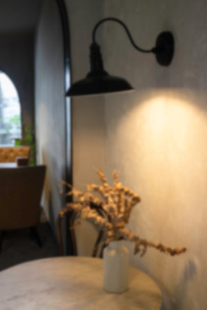 Coffee shop or cafe restaurant wooden interior blur background, stock photoの写真素材
