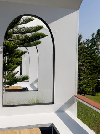Luxury white villa with garden view from the terrace