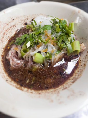 Thai rice noodles in pork blood soup, stock photo