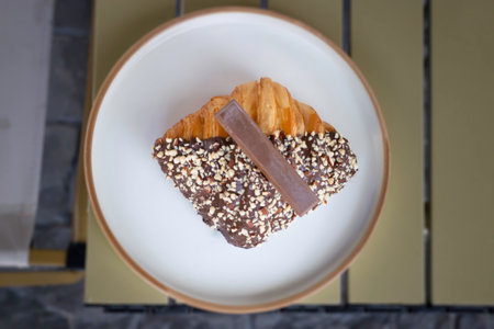 Delicious dessert chocolate croissant for breakfast, stock photoの写真素材