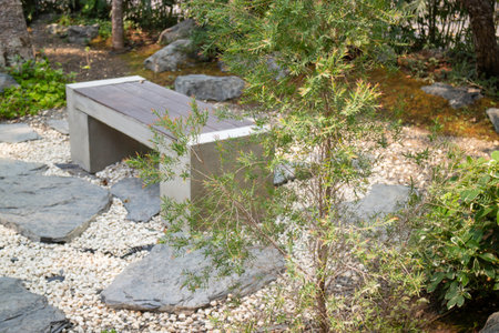 Wooden bench in the garden with small green trees and stones.