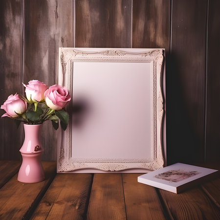 The wooden frame of the mockup rested on the pink table,Blank frame mockup with pink roses in vase. Generated AIの素材