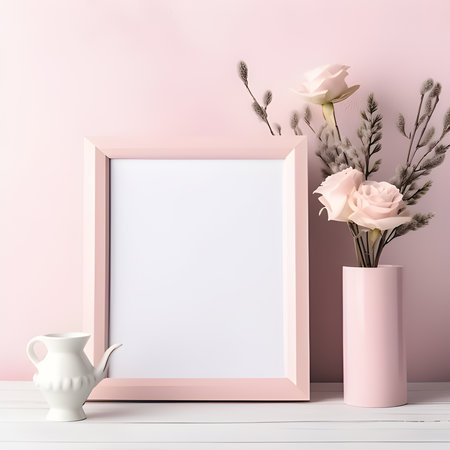 The wooden frame of the mockup rested on the pink table,Blank frame mockup with pink roses in vase. Generated AIの素材