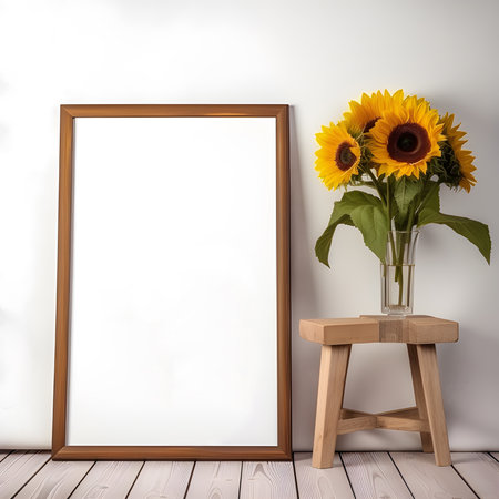 Blank frame mockup with sunflowers in vase on wooden chair,wooden frame mockup,Generated AIの素材