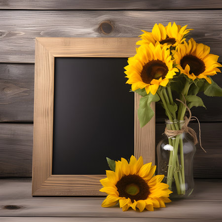 The wooden frame showcased a vibrant sunflower mockup on the table,wooden frame mockup,Generated AIの素材