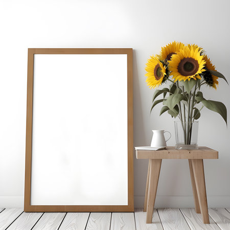 The wooden frame showcased a vibrant sunflower mockup on the table,wooden frame mockup,Generated AIの素材