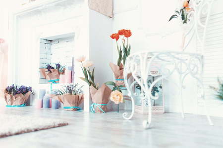 luxury clean bright white interior with flowers. The idea for March 8 and Valentine's Dayの写真素材
