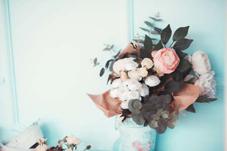 The room is beautifully decorated with colorful flowersの写真素材