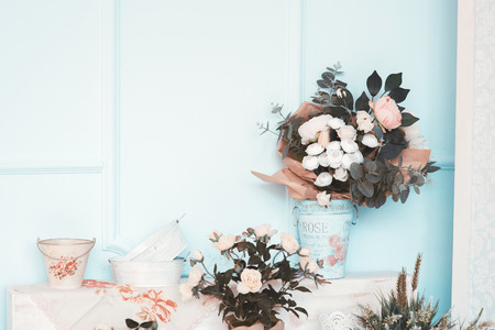 The room is beautifully decorated with colorful flowersの写真素材