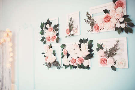 The room is beautifully decorated with colorful flowersの写真素材