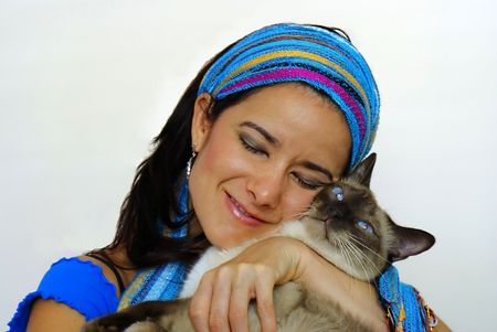 Woman Dearly Holding Siamese Catの写真素材