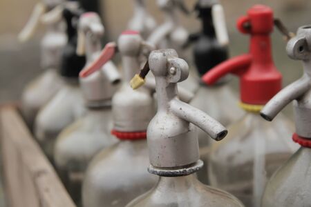 wooden box with old siphon water gozirovannoyの写真素材