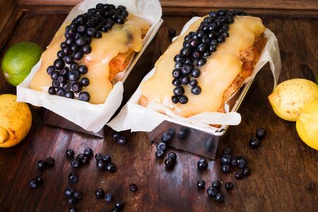 Pie with ripe blueberries and lemonsの写真素材