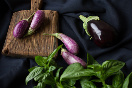 small eggplant with basil on a black backgroundの写真素材