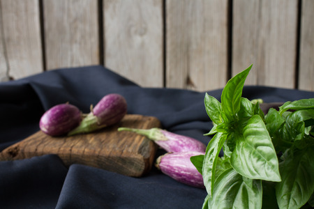 small eggplants with basil on a black backgroundの写真素材