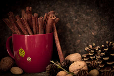 Christmas mood. cinnamon, walnuts and pine coneの写真素材