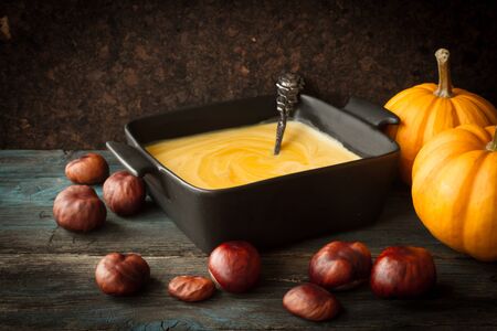 delicious, orange, autumn pumpkin soup. lunch at Halloweenの写真素材