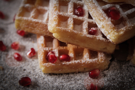 Square Belgian waffles with a tangerine and pomegranate and sprinkle with powdered sugarの写真素材