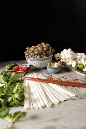 udon noodles with shimeji mushrooms.の写真素材
