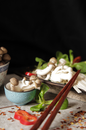 udon noodles with shimeji mushrooms.の写真素材
