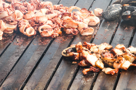Grill mollusk, mussel cooking seafood street food